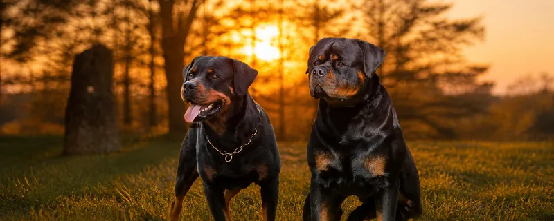 Yakima von der Steineiche und Rudi vom Hause Neubrand, die Elterntiere des A-Wurfs, bei Sonnenuntergang auf der Wiese